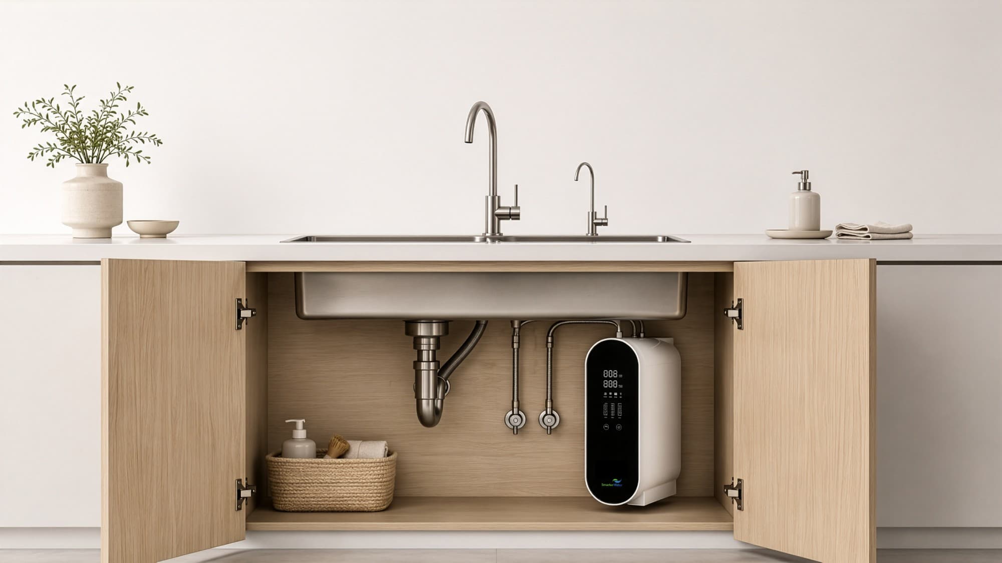Smarter Water RO tankless reverse osmosis unit installed under a kitchen sink, alongside both filtered-water faucets and the open cabinet